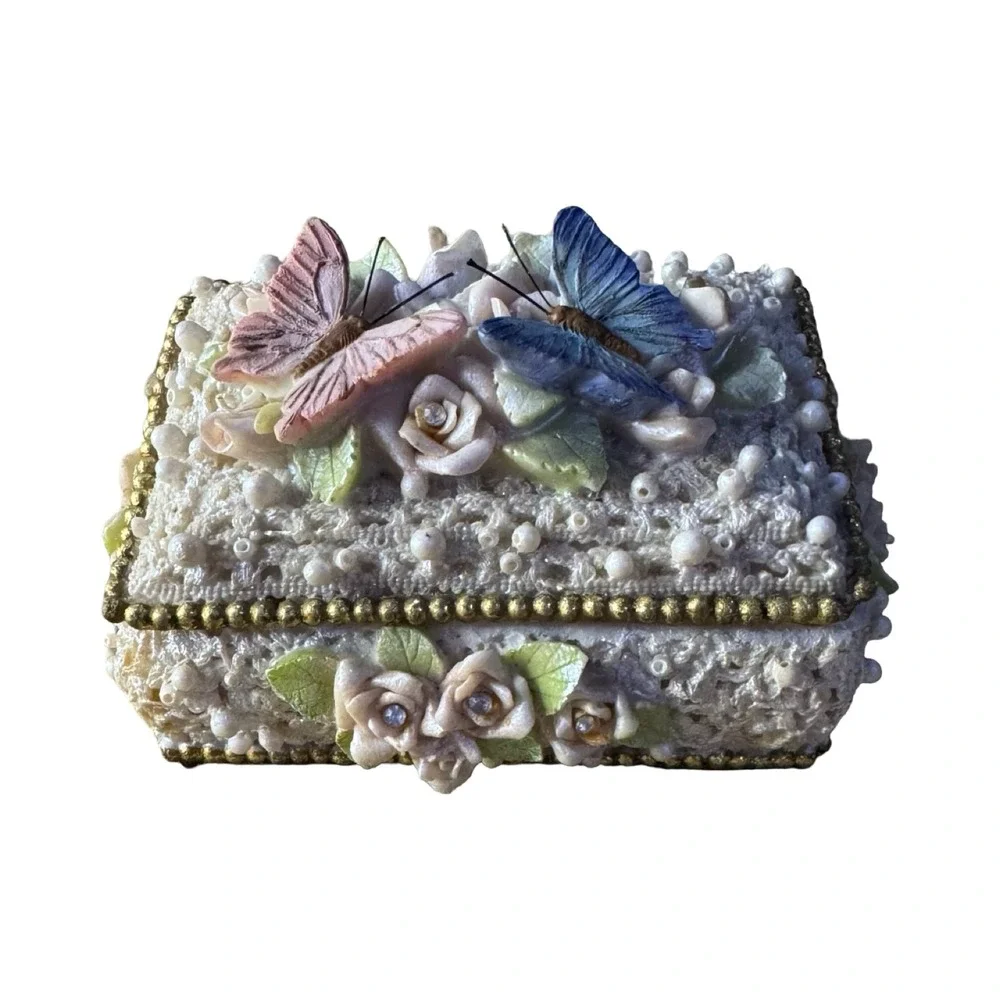 Vintage Style Butterfly Rose Lace Trinket Box Faux Pearl Rhinestone Jewelry Case
